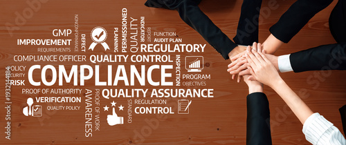 Quadro su tela This image illustrates hands united in cooperation, emphasizing the importance of compliance, quality control, and assurance in a corporate setting