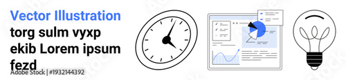 Data visualization, time management, innovation, analytics, productivity, business strategy. Dashboard with a chart, clock and lightbulb. Analytics and time management concept
