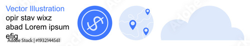 Map navigation, cloud computing, geolocation, online connectivity, travel planning, digital innovation. Location pins on a map and circular connectivity icon. Map navigation and cloud computing