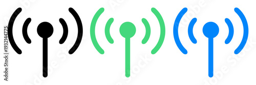 Vector set of stylized wireless signal or Wi-Fi signal symbols in black, green, and blue, useful for tech, network, or communication design.