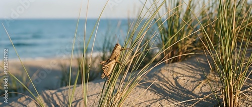 Coastal dune grass swaying in ocean breeze with sandy beach and blue sea in background. Natural seaside landscape for travel and vacation concepts.