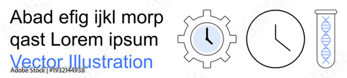 Time management, productivity, science, biotechnology, research, genetic analysis. Gear with clock face, abstract DNA helix in a test tube. Time management and science concept