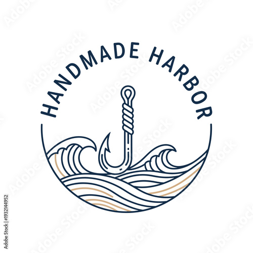 Handmade Harbor Fishing Hook and Waves Logo Design.