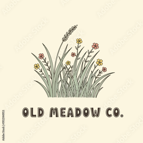 Hand-drawn meadow illustration with wildflowers and wheat stalk for logo design.
