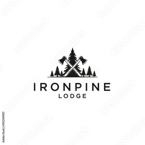 Ironpine Lodge Logo Featuring Crossed Axes and Pine Trees.