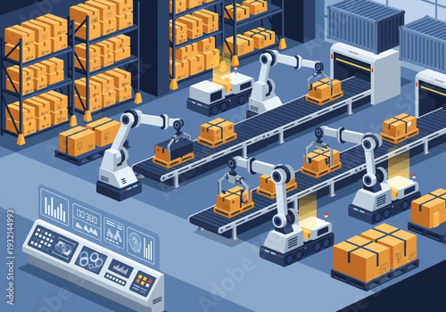 Automated warehouse with robotic arms, conveyor belts, and control panel in a modern industrial setting