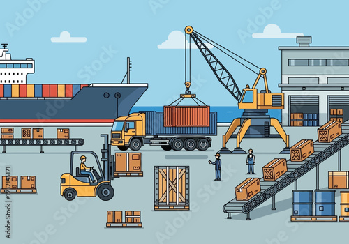 Industrial shipping port operations with cargo ship, cranes, forklifts, and containers being loaded onto trucks and conveyor belts for global logistics and transportation