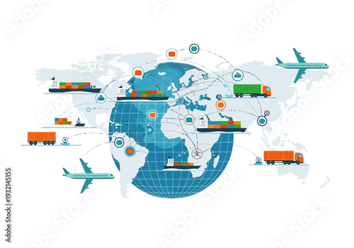 Global Logistics and Transportation Network Connecting Continents with Shipping, Air Cargo, and Trucking
