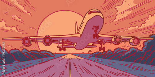 Stylized illustration of a large commercial airplane taking off from a runway during a vibrant sunset