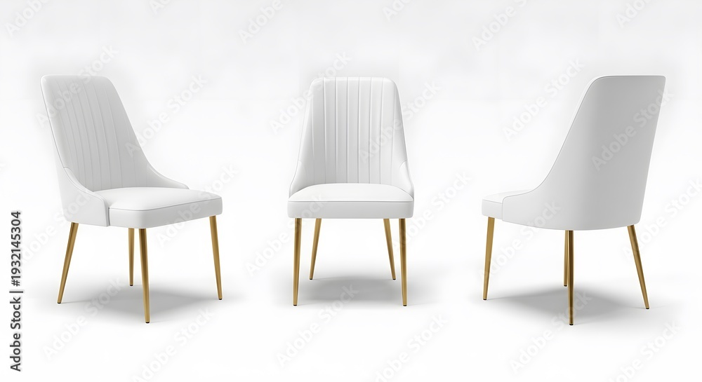 Fototapeta premium Three white chairs with gold legs arranged in a row on a plain white background for interior design inspiration