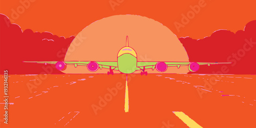 Bold graphic illustration of an airplane on a runway during a vibrant orange sunset