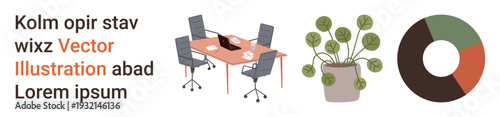 Business planning, workplace design, team collaboration, data analysis, modern workspace, corporate identity. Office table with chairs, potted plant and a data chart. Business planning and workplace