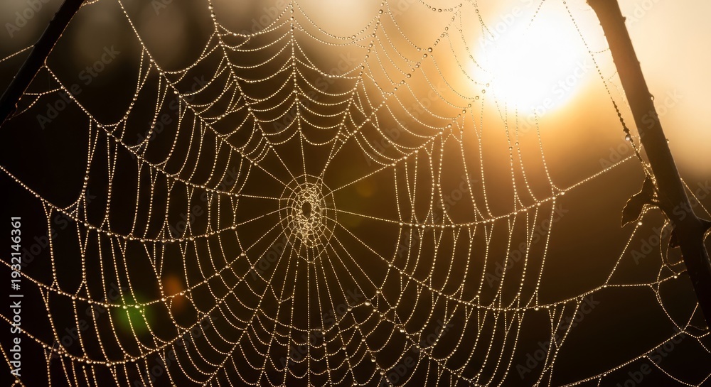 Obraz premium Intricate Spiderweb Illuminated by Golden Sunlight in the Early Morning Hours.