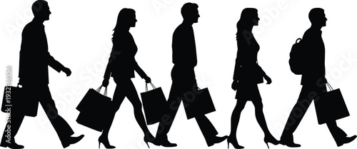 Silhouettes of diverse men and women walking with shopping bags and briefcases representing retail consumerism lifestyle business travel and urban commerce,
