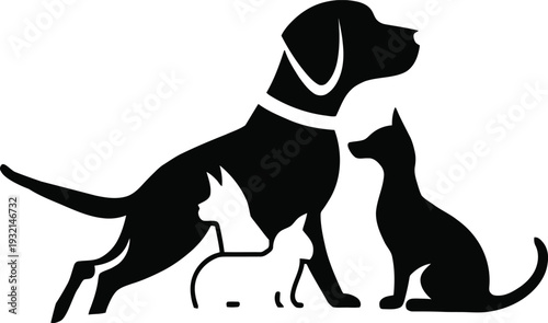 Minimal black silhouette logo featuring dog, cat, and puppy symbol. Suitable for veterinary clinics, pet care services, animal shelters, grooming businesses, and pet adoption branding.