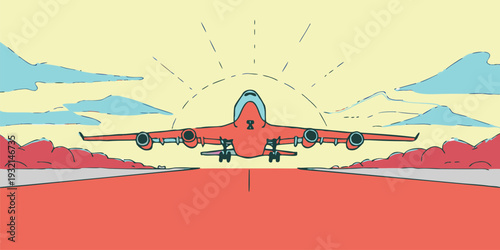 Stylized cartoon airplane preparing for takeoff on a runway with yellow sky and blue clouds