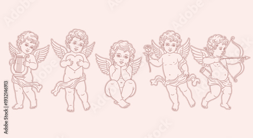 Illustration of cherubs in various poses with bows and arrows, cherub, angel, love, harmony, peace