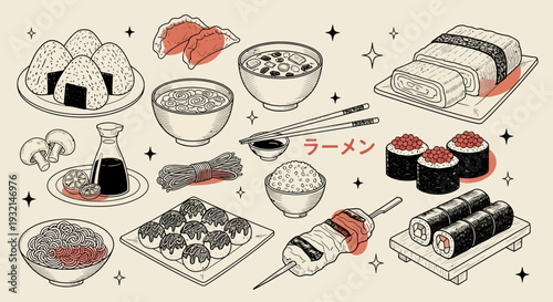 Assorted Japanese cuisine illustrations featuring sushi, ramen, and nigiri, displayed on various plates and utensils, viewed from directly above in a minimalist style.