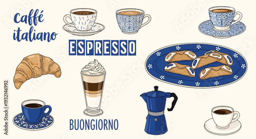 Assortment of Italian coffee cups, croissants, and espresso maker on a light background, showcasing a morning coffee scene with various baked goods and beverages.