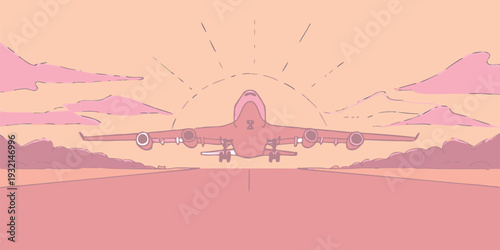 Stylized illustration of a commercial airplane ascending from the runway against a pastel sky background