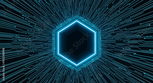 Futuristic hexagonal portal emitting blue light rays in a technological environment viewed from a futuristic perspective with neon lines