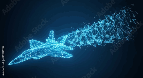 A futuristic aircraft is depicted as a glowing blue wireframe model against a dark blue environment, illustrating a technological concept from a side viewpoint.