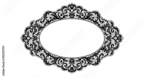 An intricate black and white decorative oval frame with floral patterns viewed from the front