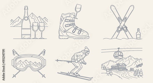 Skiing Adventure Icons Set in Mountainous Landscape with Winter Sports Equipment