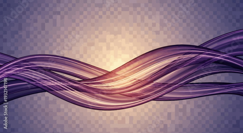 Abstract flowing purple ribbons of light with a checkered background and a warm glow