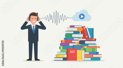 Businessman wearing headphones listening to audiobooks from cloud storage next to a pile of books. Concept of digital learning, online education, streaming audio, and modern library. Vector art.