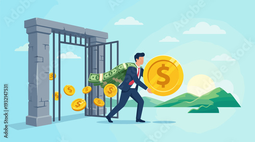 Businessman in a suit carrying a giant gold dollar coin and stacks of cash while walking out of a prison gate, metaphor for financial freedom, escaping debt, and wealth liberation concept.