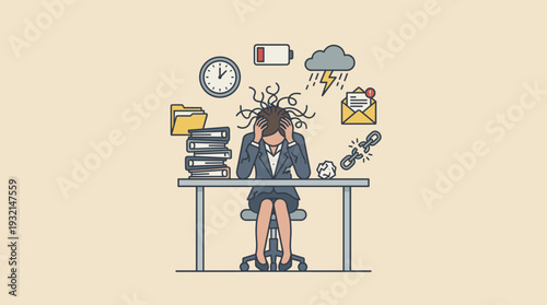 Stressed Businesswoman at Desk with Head in Hands Surrounded by Icons of Work Overload, Deadlines, Low Battery, and Burnout Symbols, Mental Health and Emotional Exhaustion Concept Illustration.