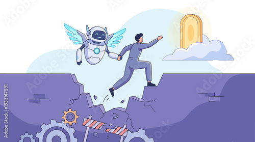 Concept of overcoming barriers and reaching goals with artificial intelligence support. A winged robot helps a man jump over a chasm towards a golden portal. Vector business success illustration.