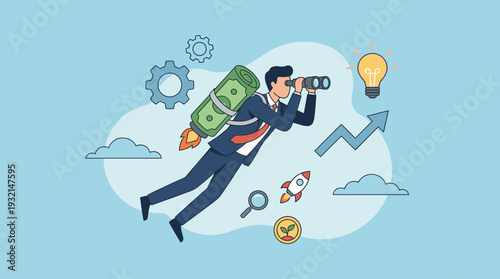 Successful businessman flying with money jetpack using binoculars to search for career opportunities, business vision, future forecast, investment growth, innovation, and creative new ideas.