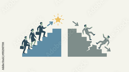 Business Career Success and Failure Concept Illustration with Professionals Climbing Up a Stable Staircase Towards a Star and Others Falling Down a Broken Crumbling Staircase Representing Risk