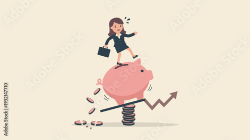 Businesswoman Balancing on a Piggy Bank Atop a Seesaw Supported by Coins, Representing Economic Instability, Financial Risk, Market Volatility, Investment Challenges, and Money Management Stress