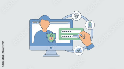 Secure Login and User Authentication Concept Illustration Featuring Password Protection, Multi-Factor Authentication Icons like Fingerprint, Security Key, and Cloud Verification on a Monitor