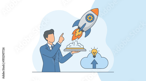 Successful Business Startup and Innovation Concept Featuring a Professional Businessman Launching a Rocket, Symbolizing New Project Kickoff, Creative Idea Growth, and Corporate Achievement.