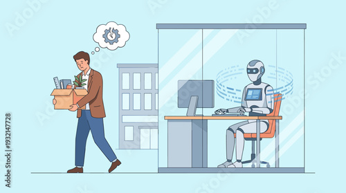 Sad Office Worker Fired and Replaced by Artificial Intelligence Robot Carrying Box of Personal Belongings Leaving Job Site Concept of Automation Impact on Unemployment and Future of Labor Market