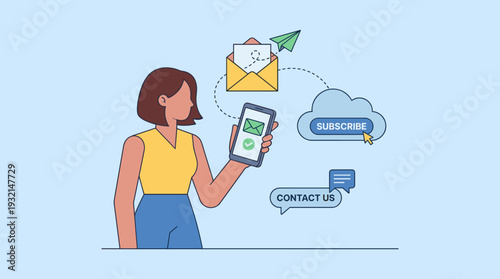 Woman Subscribing to Newsletter via Smartphone, Concept of Email Marketing Service, Online Subscription, Digital Communication, Contact Us and Subscribe Buttons, Flat Vector Illustration Design.