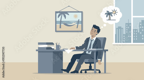 Tired Businessman at Office Desk Daydreaming About Tropical Vacation, Exhausted Employee Suffering from Burnout Looking at Beach Picture on Wall, Work Life Balance Concept Vector Illustration