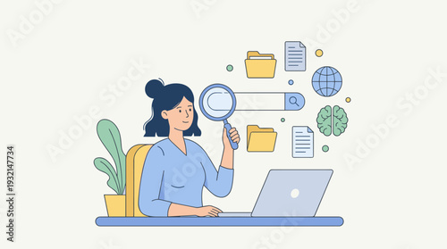 Woman Sitting at Desk Searching for Information Online with Magnifying Glass and Search Bar, Web Search Concept Vector Illustration for Data Analysis, Research, Digital Literacy, and Knowledge.