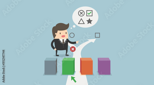 Businessman in Suit Standing at a Crossroads Choosing Between Multiple Options and Plans, Concept of Strategic Decision Making, Problem Solving with Four Different Paths and Backup Plan B.