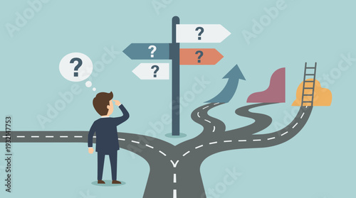 Businessman at a crossroads choosing the right direction for career success. Concept of business decision making, path to growth, strategy, and overcoming confusion with multiple options.