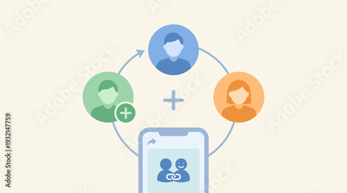 Refer a Friend and Social Media Invitation Concept Vector Illustration Featuring People Avatars, Smartphone Interface, and Connection Icons for Digital Marketing, Network Growth, and Community
