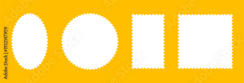 Circle or oval blank vintage stamps. Rectangular stamps. Coupons, labels, tag, box with wavy, wiggly perforated edges. Backdrops for postcards or letters. Postage stamp template frames.