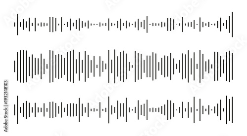 Podcast sound wave. Sound wave frequency or voice microphone signals. Audio waveforms line icons.. Music, podcast, broadcast, UI and audio branding design.