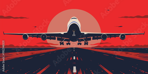 Commercial Airplane Landing on Airport Runway During a Dramatic Red Sunset Stylized Graphic Design Illustration