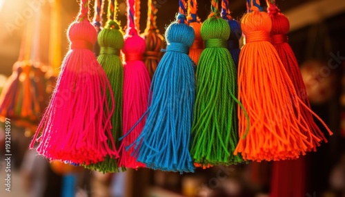 Wallpaper Mural Vibrant Tassels: A vibrant display of colorful tassels, each showcasing a unique hue, hanging against a softly blurred background, creates a feast for the eyes with its festive and decorative flair. Torontodigital.ca