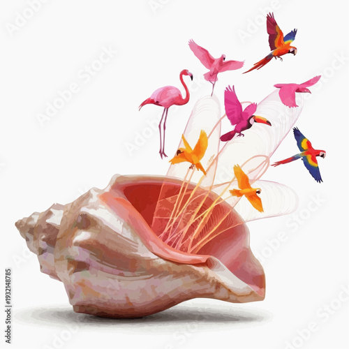 Seashell with colorful tropical birds flying out, symbolizing freedom and nature